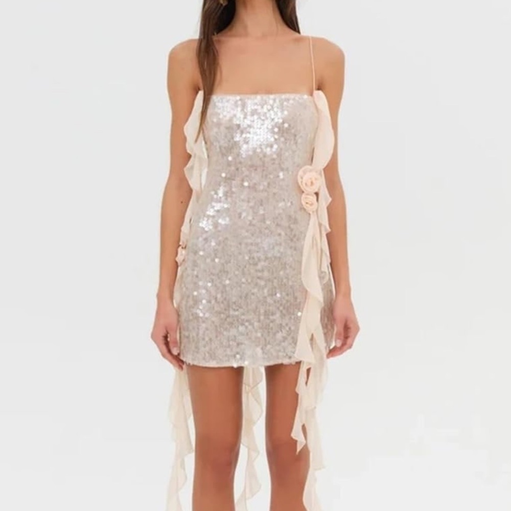 For Love & Lemons Champagne Sequin Mini Dress with Ruffle Details